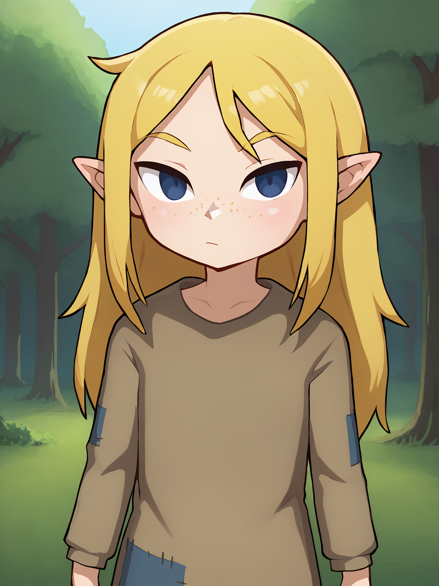 score_9, score_8_up, portrait, sharp focus, soft lighting ,outdoors, trees, milaxl, 1girl, solo, long hair, blonde hair, freckles, pointy ears, blue eyes, looking at viewer, long sleeves, patchwork clothes, dress,  <lora:milaxl:0.75>      <lora:wagashi-lyco-pony:1>
