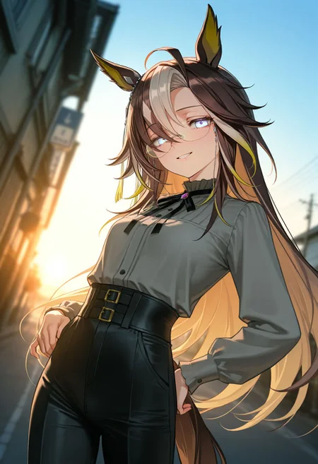 masterpiece, best quality, amazing quality, very aesthetic, high resolution, ultra-detailed, absurdres, newest, scenery,
1girl, solo, dream journey \(umamusume\), horse ears, full body, grey shirt, black pants, (high-waist pants:1.1), neck ribbon, horse tail, shirt tucked in, looking at viewer, long sleeves, ear ornament, eyewear strap, rimless eyewear, smile, cowboy shot, outdoor, <lora:dreamjourneyillv2.1:0.8>,, glowing, colorful, photorealistic, shiny_skin,dutch angle, <lora:arcain-2411:0.4>,, HDR,photo background,detailed eyes,detailed hands,detailed clothing,detailed shading,dim lighting,chiaroscuro,BREAK depth of field,masterpiece,best quality,amazing quality,very aesthetic,high resolution,ultra-detailed,absurdres,newest,scenery,volumetric lighting,
