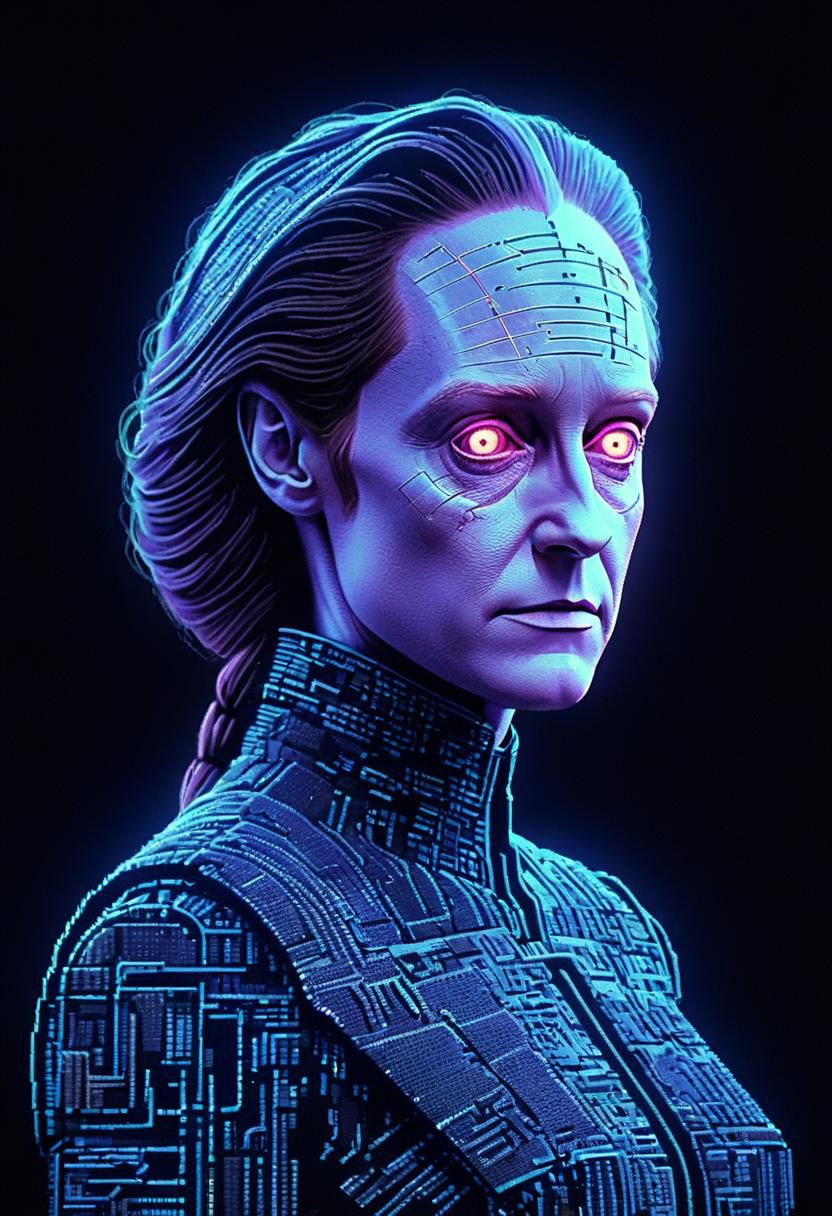 neon-pastel ascii_art by Bob kane: awesome Sci-fi movie still, stylized dark retro Female space doctor, Data, very detailed, HD photorealistic, hyper realistic, masterpiece