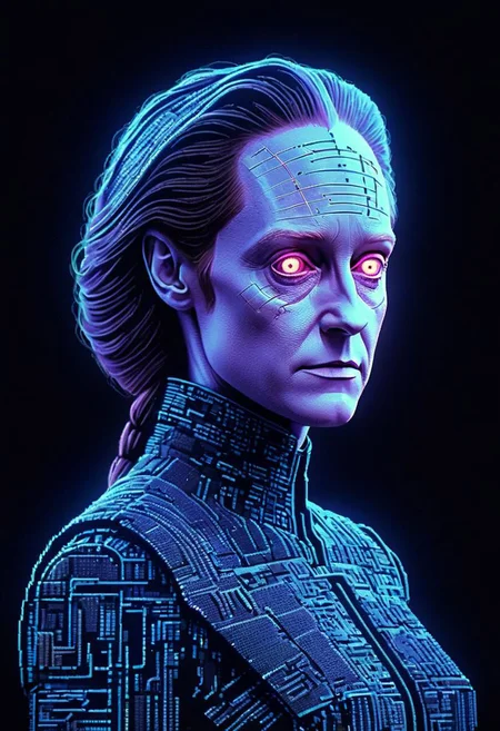 neon-pastel ascii_art by Bob kane: awesome Sci-fi movie still, stylized dark retro Female space doctor, Data, very detailed, HD photorealistic, hyper realistic, masterpiece