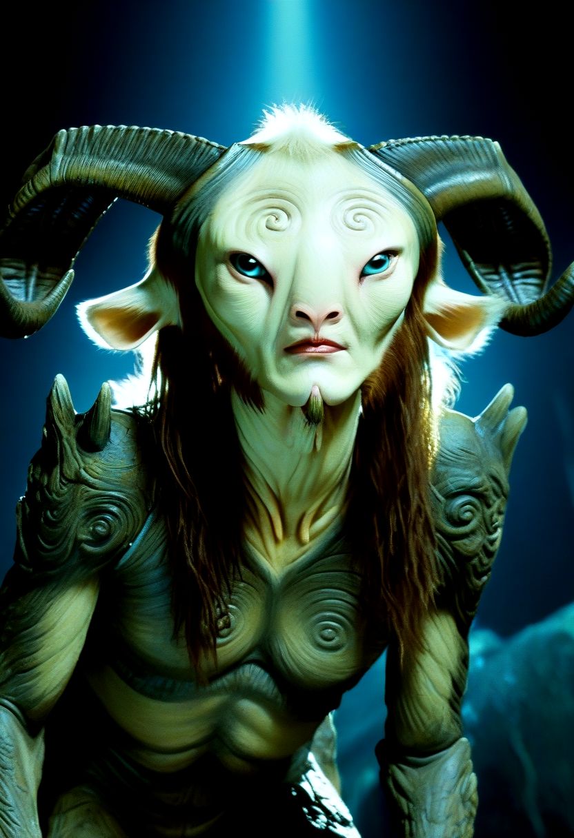 Pans Labyrinth style beautiful fluffy animal alien, ultra high res, food, analog, fine art, animal ears, bioluminescence, cover art, majestic, 8k uhd, cinematic, great art, midnight, dark theme, UHD, disturbing, subsurface scattering, abstract, mountain, mask, unsettling
