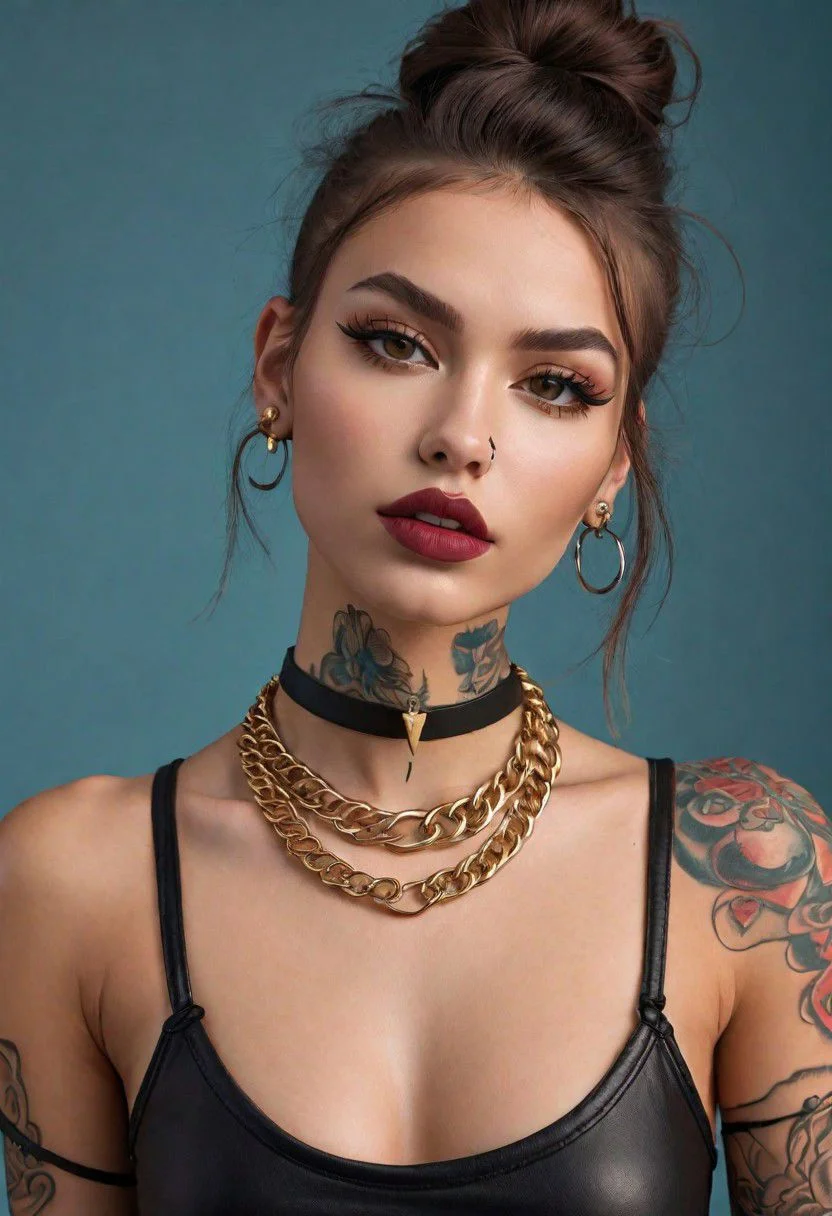 raw photo, full body shot photo, photorealistic, glamour photography of a stylish russian hipster girl, edgy vibe, dark, mascara, eyeliner, dark cheeks, expressive lips, Unique facial piercings, alluring necklace, stylish sexy streetwear, alluring thighs, aesthetic tattoos on her body, almond shaped eyes, Dimples, Smoky eye makeup, Defined jawline, skin pores, shiny skin, 
grainy, harsh flash lighting, realistic skin texture, highly detailed photography, 3d, vibrant, insanely detailed, hyperdetailed, expressive provocative face expression, detailed alluring background