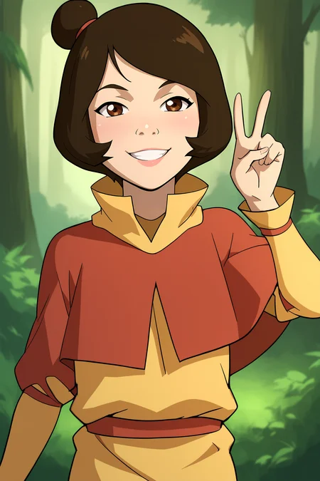 score_9, score_8_up, score_7_up, score_6_up, BREAK, JinoraAvatarPXL, 1girl, brown eyes, brown hair, short hair, single hair bun, flat chest, red capelet, yellow shirt, long sleeves, solo, front view, (portrair, upper body), peace sign, solo focus, seductive smile, looking at viewer, forest <lora:JinoraAvatarPXL:1>
