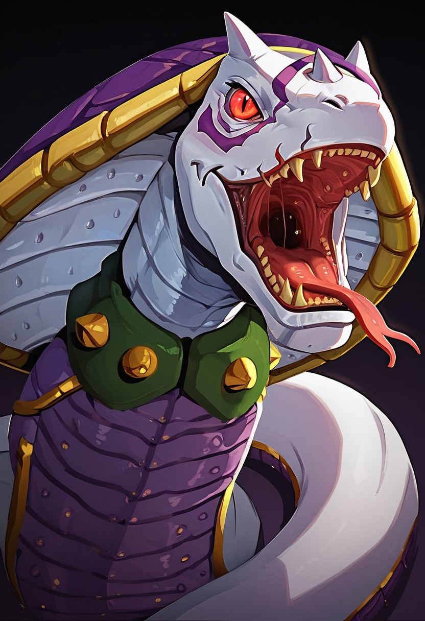 (score_9, score_8_up, score_7_up, score_6_up, score_5_up, score_4_up), dark lighting, (high quality), (high resolution), 4k, Sandiramon, monster, cobra, white skin, red eyes, three horns, purple shell, purple marks purple armor, gold trim, green chestplate,