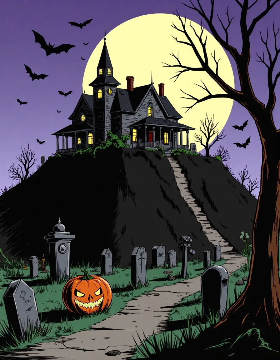 Cartoon_Style_Final, This image is a digital drawing in a style reminiscent of classic American comic books from the mid-20th century. The focus is on a spooky, dilapidated mansion sitting atop a hill, silhouetted against a massive full moon. The house is dark, with broken windows and overgrown vines creeping up its sides. In the foreground, a winding path leads through a misty graveyard, with crooked tombstones and skeletal trees casting long, eerie shadows. A single jack-o’-lantern with a sinister grin glows dimly at the base of the hill. The sky is a deep purple, and bats fly across the moonlit sky. The style features bold outlines and flat, contrasting colors, emphasizing the haunted, creepy atmosphere of Halloween night.