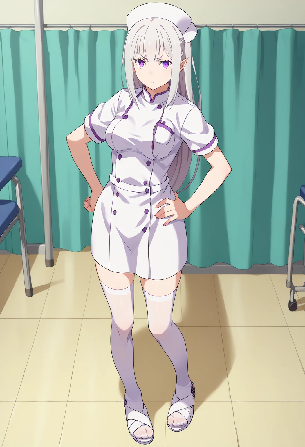 score_9, score_8_up, score_7_up, source_anime,
BREAK
1girl, solo,
<lora:shiEmiliaV2:1.0> shimilia, long hair, grey hair, purple eyes, pointy ears, nurse cap, nurse,
<lora:shiNurseSandalsV1:1>, shinursesandals, sandals, white thighhighs, 
indoors,
looking at viewer, serious, looking at viewer, hand on own hip,