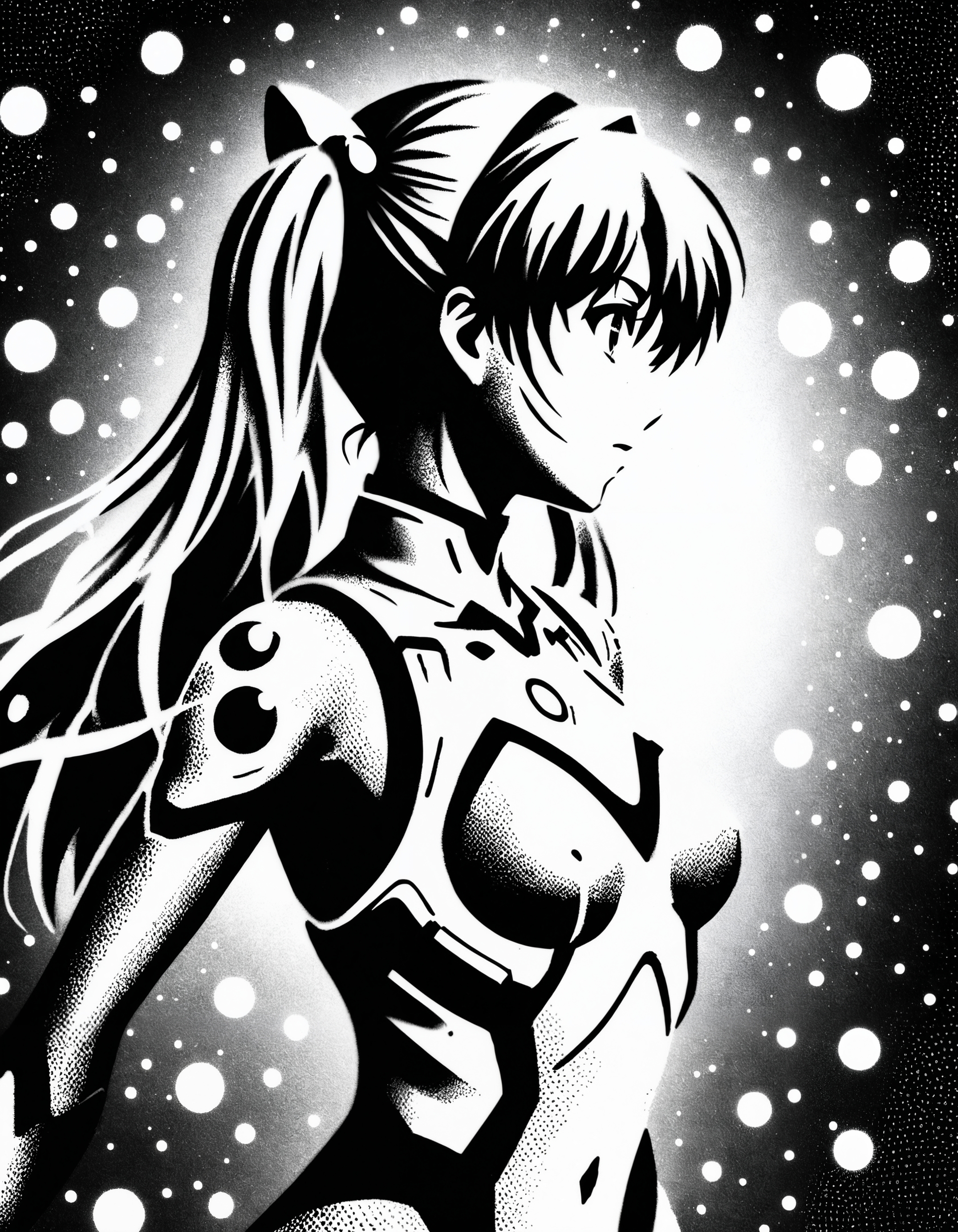 zavy-fzzgrfft, manga of Asuka Langley, dynamic lighting, dots, screentone, evangelion