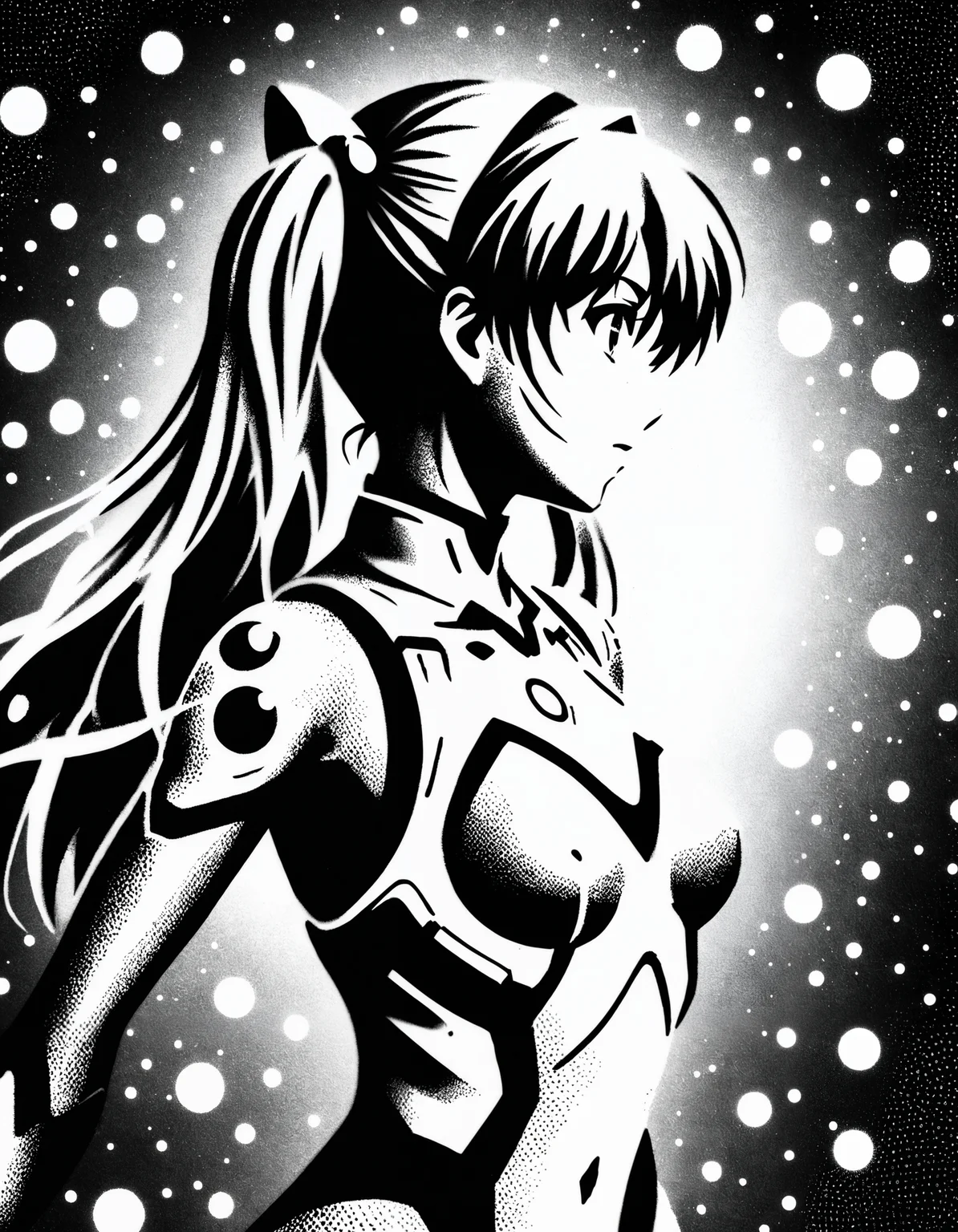 zavy-fzzgrfft, manga of Asuka Langley, dynamic lighting, dots, screentone, evangelion
