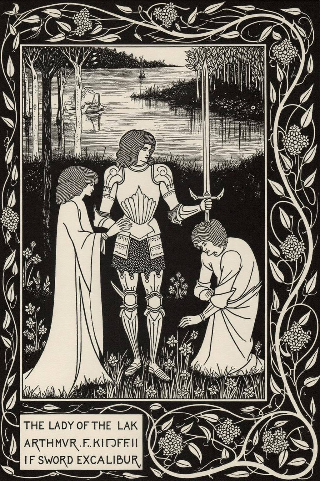 aubea1 illustration. 
In the center of the illustration, there are three figures.
On the left is a woman, dressed in a flowing white robe.
In the center is a knight in intricate armor,
On the right is a elderly man looking at the ground.
Caption text box at bottom left corner says "THE LADY OF THE LAKE TELLETH ARTHVR
OF THE SWORD EXCALIBVR"
 <lora:aubea2_cap_d6a3:1.0><lora:823915770087094357:0>