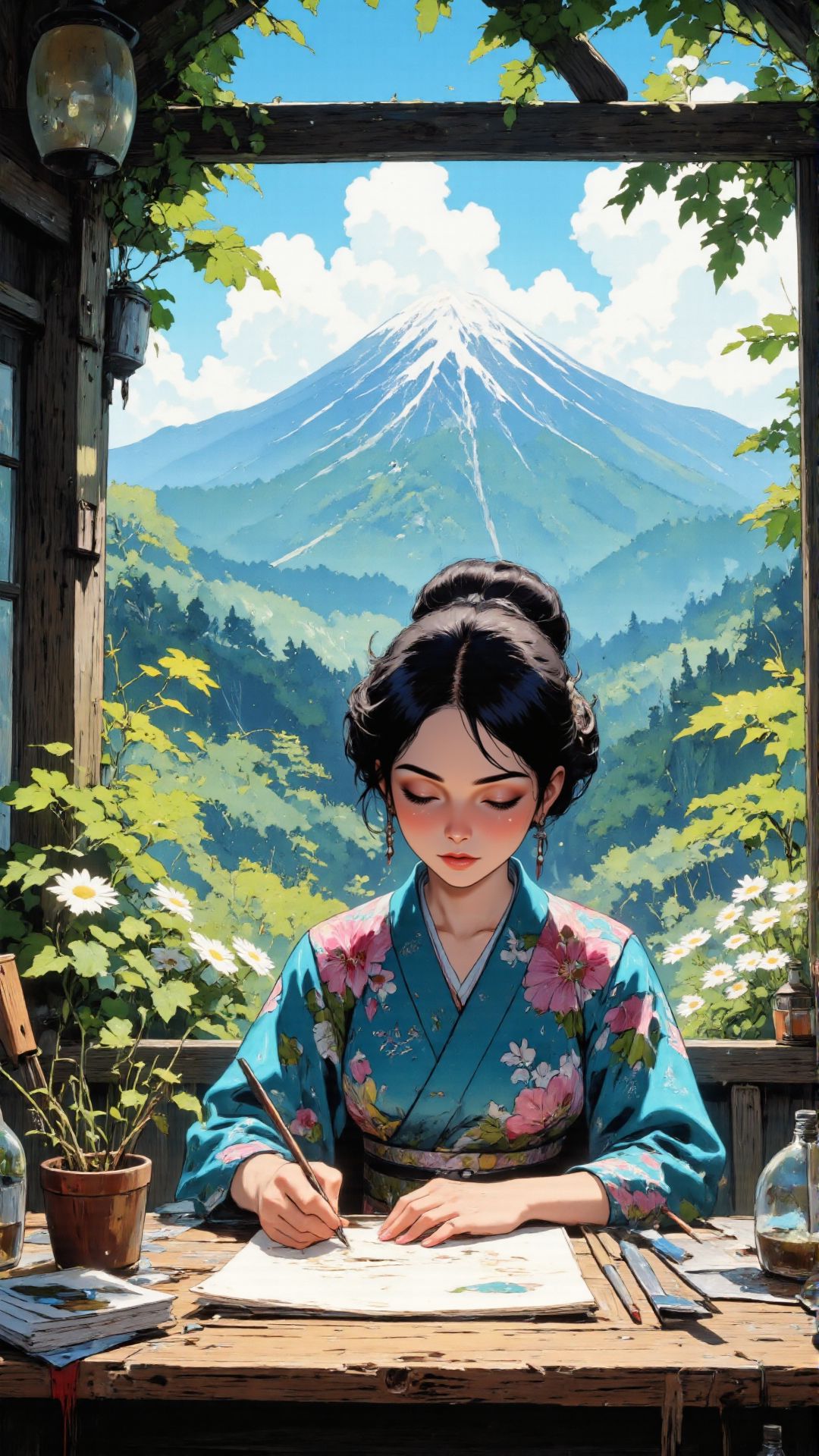 Comic book style, aidmaimageupgrader,A young woman with delicate features, dressed in a traditional floral kimono, gracefully paints on paper with a fine brush. Her dark hair is styled in an intricate updo, adorned with pearl accessories. She sits at a rustic wooden table, surrounded by daisies and lush greenery, with soft sunlight filtering through the leaves. The background features a breathtaking mountain landscape, rendered in an ethereal, semi-realistic painterly style. The scene exudes serenity, creativity, and the beauty of nature. Ultra-detailed, soft lighting, intricate textures, harmonious color palette, Studio Ghibli aesthetics, highly cinematic composition., <lora:Comic book V2_flux_styles:1> , <lora:aidmaImageUpraderv0.3:0.5>