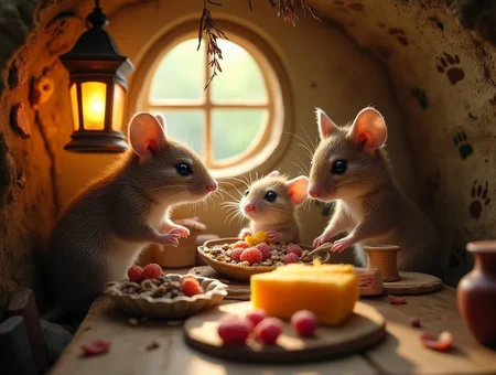 In a cozy mouse-hole kitchen, bathed in the warm glow of a miniature lantern, a charming family scene unfolds. A baby mouse, wide-eyed and curious, perches atop a thimble seat at a matchbox table, its tiny paws eagerly reaching for a morsel of cheese. Mama mouse, her fur soft and nurturing, leans in with a loving smile, adjusting a diminutive napkin around her little one's neck. Papa mouse, distinguished by his slightly graying whiskers, sips from an acorn cap filled with morning dew, his gentle gaze fixed upon his family. The table, set with bottle cap plates and pinhead salt shakers, showcases a breakfast spread of seeds, berries, and carefully portioned crumbs. Sunbeams filter through a small crack in the wall, casting dappled light across the scene and highlighting the textures of the family's velvety fur. Intricate details abound: a worn cookbook propped against a spool of thread, pawprint-patterned wallpaper, and a string of dried flowers adorning the curved ceiling. The composition balances intimacy and whimsy, inviting viewers into this endearing microcosm of mouse domesticity.