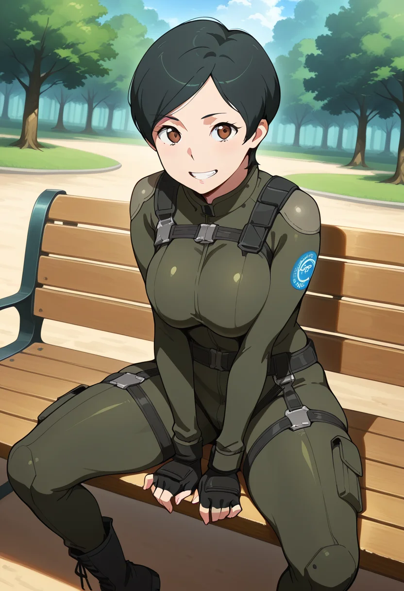 masterpiece, best quality, amazing quality, very aesthetic, absurdres, newest, illustration, perfect composition, intricate details, highres, anime coloring, 1girl, solo, kaoruww, mature female, brown eyes, black hair, short hair, breasts, bodysuit, , black fingerless gloves, black combat boots, <lora:Mizusaki_Kaoru_Aldnoah_Zero_ill_v1.1:1>, dutch angle, sitting, on bench, leaning forward, hands between thighs, elbows resting on thighs, relaxed posture, arms pressing against chest, breasts squeezed together, breasts squished between arms, breast emphasis, spread legs, looking at viewer, smile, teeth, clenched teeth, outdoors, park, day, sunlight, shiny body, shiny skin, skindentation, clear skin, shiny hair, ultra detailed eyes, depth of field, sharp, intricate details, hyperdetailed, ultra-detailed, detailed clothing folds, high contrast, dynamic light
