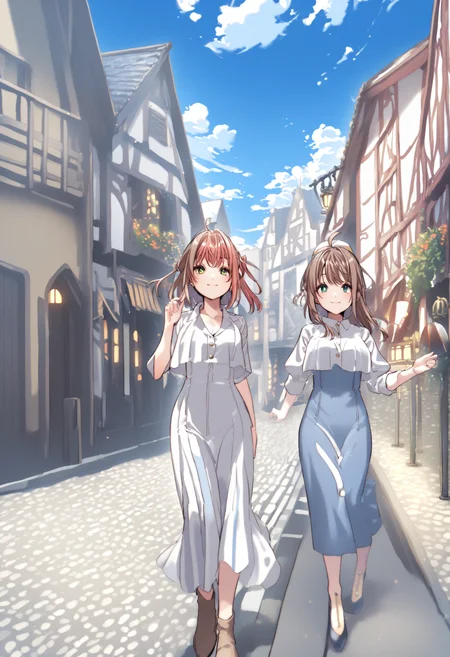 <lora:LoRA_Amazno_Kozue_Style_SDXL-000009:1.5> (amano kozue:1.2), aged up,
best quality, 4k, very aesthetic, absurdres,
(2girls:1.3), clear eyes,
blue sky, town,