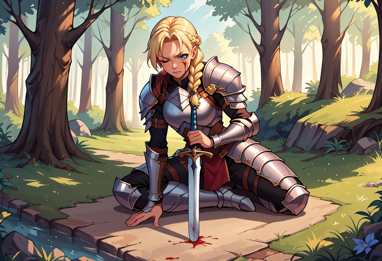 score_9, score_8_up, score_7_up, source_anime,rating:safe, ultra details,masterpiece,4k,best quality, hires, holding sword, 1girl, hand on hilt, planted sword, arm support,on ground, one eye closed,braided hair, armor, blonde hair, blue eyes, looking down, struggling, injury, blood on face full body, on side, forest
<lora:One hand planted sword (pony) v1:1>