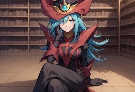 score_9, score_8_up, score_7_up, source_anime, good anatomy, 1girl, solo, SilentMagicianOG, long hair, teal hair, swept bang, blue eyes, medium breasts, SiMaAni, black and red tabard with red trim, very long dress, black dress, black gloves, puffy sleeves, black and red hat, wizard hat, metal choker, gold choker, sitting, crossed legs, eye visible over hair, smiling, hand on cheek, tilted head, library background