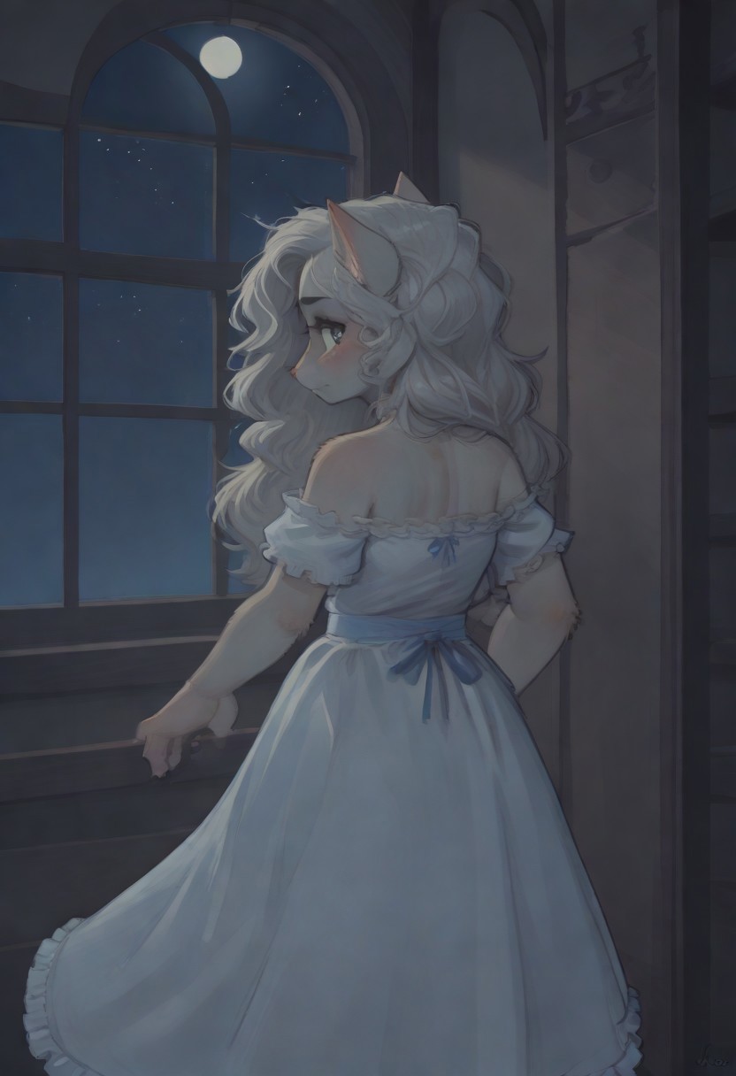 Art by Phallusbro[STYLE], Phallusbro[STYLE], furry, furry art, Cartoony, Cartoon like, cutesy style,
csr style, fcNeg, updn,
NEGATIVE_HANDS, 
HD, digital painting, painting, digital art, digital media (artwork), hi res, (uploaded on e621:1.1), best quality, highly detailed, intricate details, extremely detailed, perfect hands, negative_hand, detailed, clean lines, Shaded, painted,
game CG, official art, score_9, score_8_up, score_7_up, score_6_up, score_5_up, score_4_up. 
looking out window, back, from behind,
portrait
yuri, animalistic features, contemplative, serene, neutral face, frowning, majestic, beautiful,
1 girl, cat anthro, feline, fluffy, cute, fluffy tail, long tail, light blue eyes, white hair, whiskers, long hair , white body, big hair, light blue ribbon,
clothed. dress, ruffled dress, ribbons, frills, frilly dress,
inside, night, window, full moon, moon, sky, stars, moon light, moonlight, light beams, dynamic lighting, dramatic lighting, back light, glow, glowing fur, glowing,