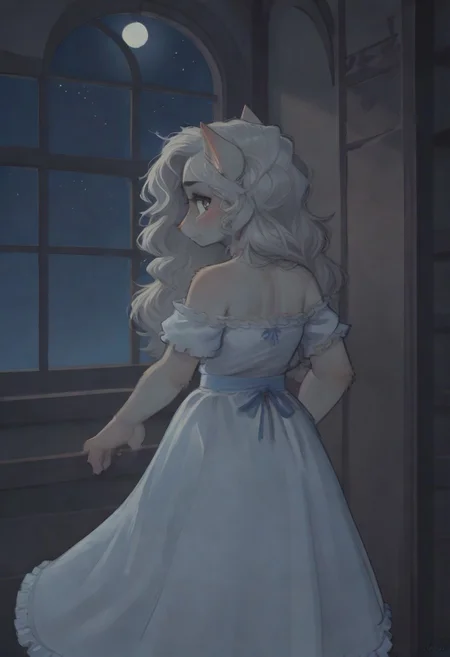 Art by Phallusbro[STYLE], Phallusbro[STYLE], furry, furry art, Cartoony, Cartoon like, cutesy style,
csr style, fcNeg, updn,
NEGATIVE_HANDS, 
HD, digital painting, painting, digital art, digital media (artwork), hi res, (uploaded on e621:1.1), best quality, highly detailed, intricate details, extremely detailed, perfect hands, negative_hand, detailed, clean lines, Shaded, painted,
game CG, official art, score_9, score_8_up, score_7_up, score_6_up, score_5_up, score_4_up. 
looking out window, back, from behind,
portrait
yuri, animalistic features, contemplative, serene, neutral face, frowning, majestic, beautiful,
1 girl, cat anthro, feline, fluffy, cute, fluffy tail, long tail, light blue eyes, white hair, whiskers, long hair , white body, big hair, light blue ribbon,
clothed. dress, ruffled dress, ribbons, frills, frilly dress,
inside, night, window, full moon, moon, sky, stars, moon light, moonlight, light beams, dynamic lighting, dramatic lighting, back light, glow, glowing fur, glowing,