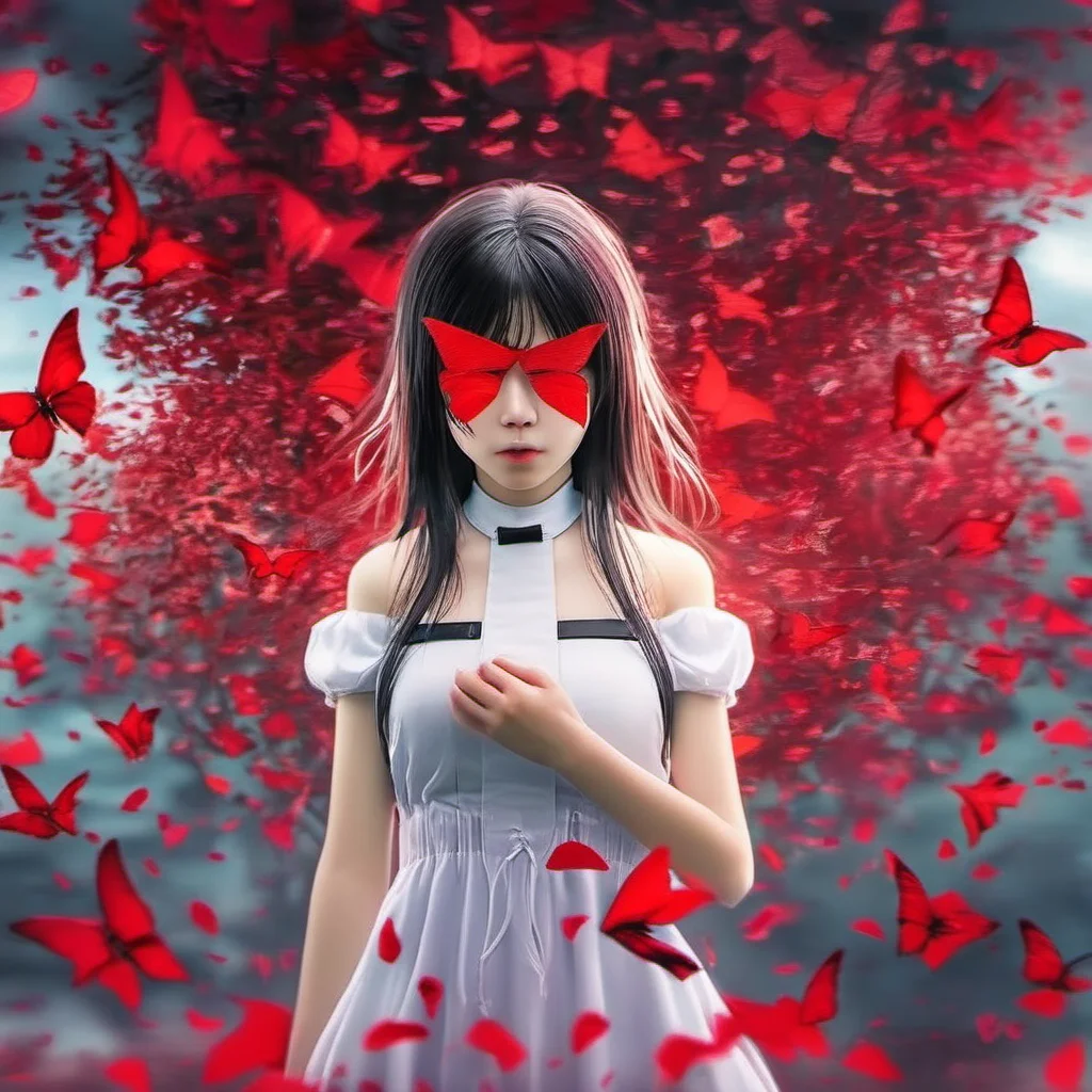 1girl, Mitsuko <lora:Mitsuko SDXL:1>, best quality, white dress, blindfolded, best quality, creepy background, red butterflies and petals