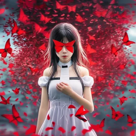 1girl, Mitsuko  <lora:Mitsuko SDXL:1>, best quality, white dress, blindfolded, best quality, creepy background, red butterflies and petals