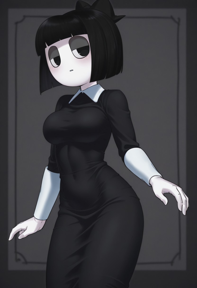 creepysusieILL, blunt bangs, black hair, short hair, long black dress, black eyes, bob cut, white skin, round eyes, round face, puppet girl,
