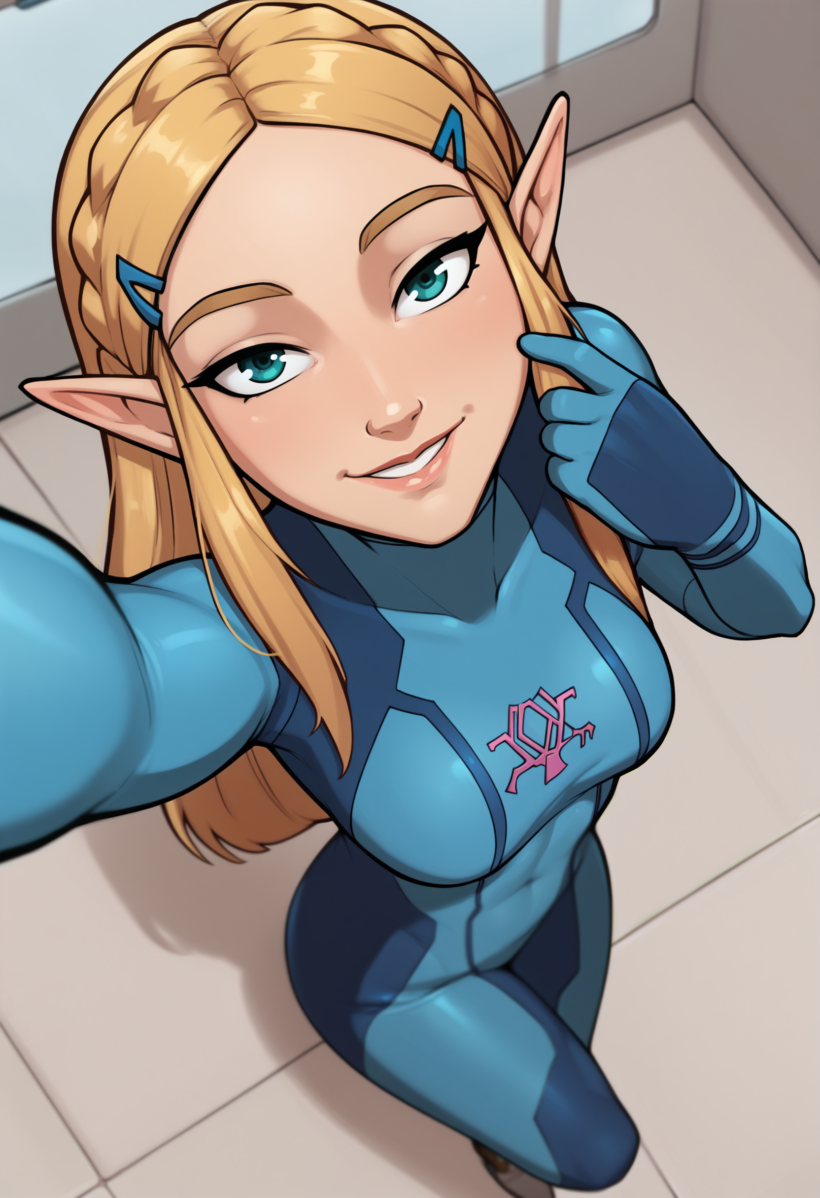 score_9, score_7_up, <lora:mrpotatoparty-guy-PONY-DORAv2:1>, 1girl, solo, (princess zelda):0.8, zero suit, looking at viewer, from above, depth of field, smile, selfie, thighs