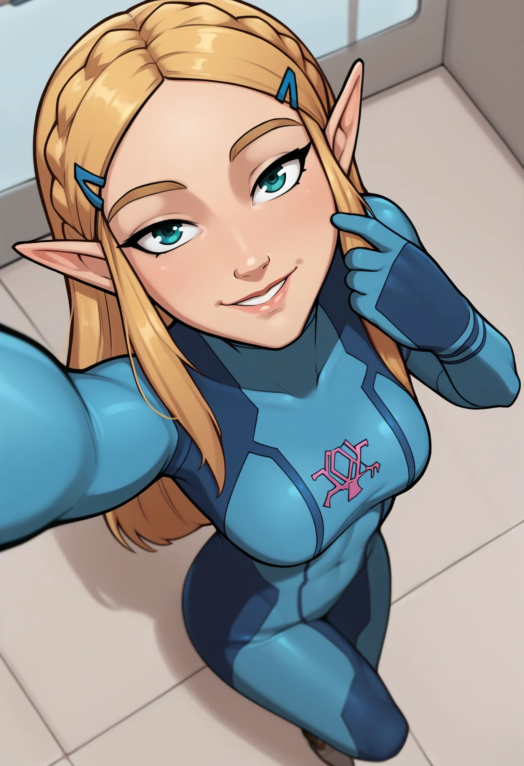 score_9, score_7_up, <lora:mrpotatoparty-guy-PONY-DORAv2:1>, 1girl, solo, (princess zelda):0.8, zero suit, looking at viewer, from above, depth of field, smile, selfie, thighs