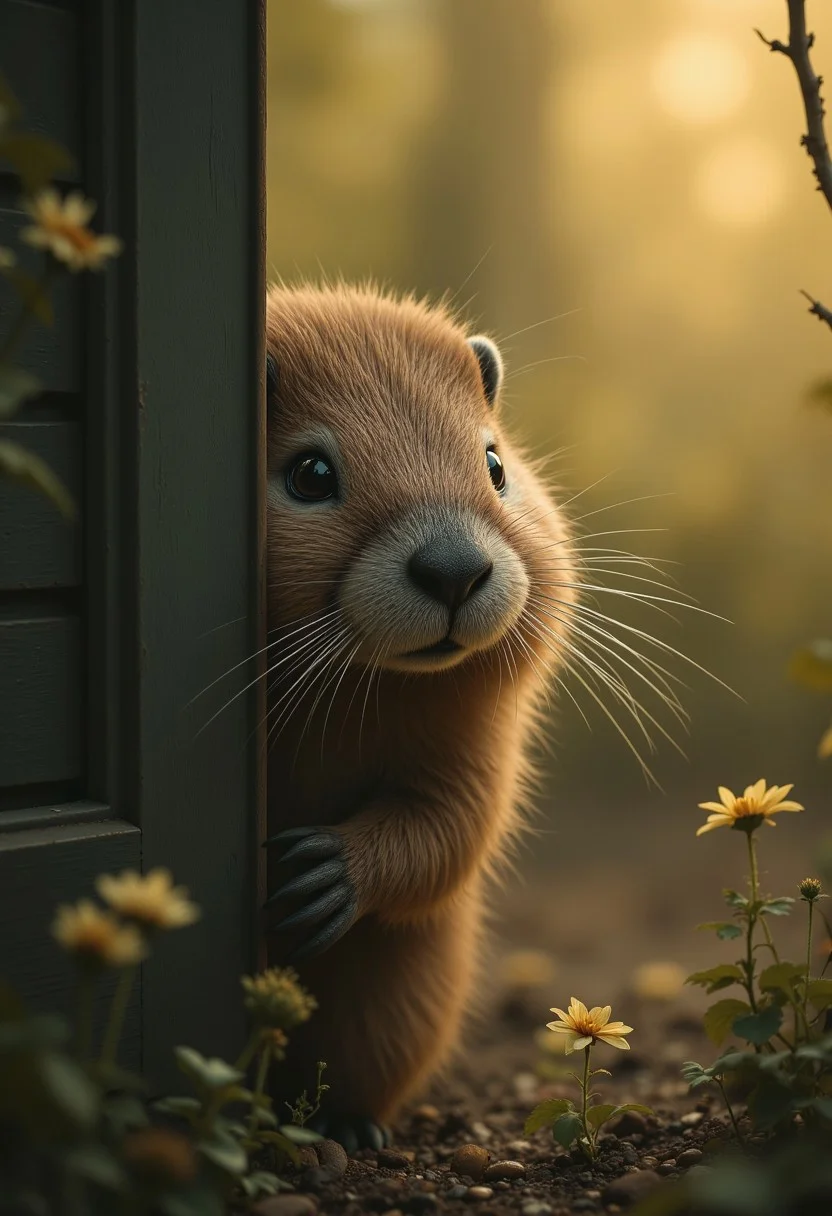 A whimsical chubby magician beaver peeks into the right side of a vertical canvas, its large, curious eyes staring directly into the frame as if observing the viewer. The frame itself appears to bend slightly, reacting to the creature's playful presence, creating the illusion that it's part of the scene, Vibrant Glow, rule of third, gold number proportions