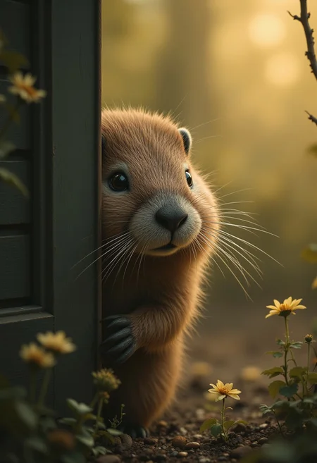 A whimsical chubby magician beaver peeks into the right side of a vertical canvas, its large, curious eyes staring directly into the frame as if observing the viewer. The frame itself appears to bend slightly, reacting to the creature's playful presence, creating the illusion that it's part of the scene, Vibrant Glow, rule of third, gold number proportions