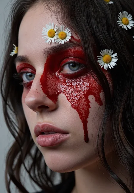 sony_a7III professional style photo, bl33d, Close-up portrait of a young woman, early 20s, blonde long hair covered in blood, fresh blood smeared across her cheek and eye, deep cut over brow with coagulated blood, white daisy flowers embedded into the wounds and skin, side lighting, high contrast