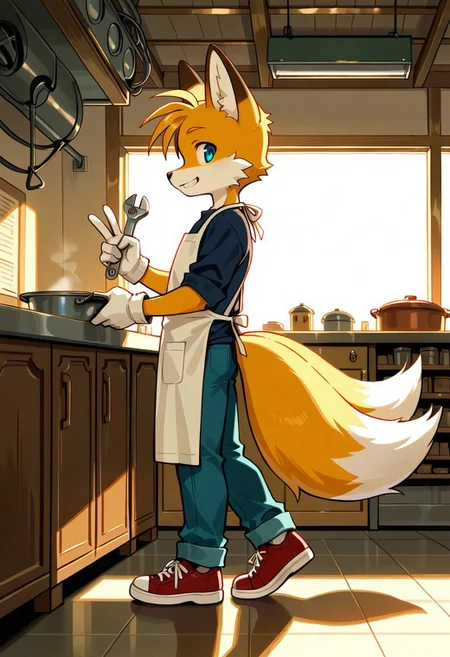 masterpiece, best quality, very aesthetic, absurdre, detailed background, anatomically correct, hi res, uncensored, ray tracing, day, sunny, volumetric lighting, soft lighting, BREAK, victorian city background, workshop, looking at viewer, peace sign, smile, walking, side view, field of view, full body, Overthrow_TailsFNF, blue eyes, gloves, 1boy, animal ears, tail, shoes, teeth, white gloves, fox ears, fox tail, multiple tails, red footwear, sneakers, furry, furry male, body fur, white fur, two tails, animal nose, two-tone fur, yellow fur, fox boy, orange fur,apron, holding wrench, working, dark blue tshirt,