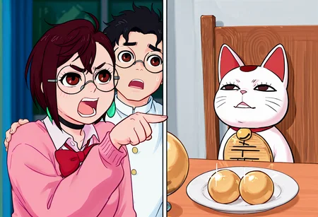 masterpiece, best quality, absurdres, woman_yelling_at_cat_(meme), comic, 2koma, 1girl, 1boy, 1other,
BREAK
(1boy, okarun, black hair, frizzled hair, short hair, brown eyes, round glasses, black gakuran, school uniform), (1girl, aysmm, brown hair, pink sweater, pink cardigan, earrings, jewelry, black choker, white shirt, school uniform, collared shirt, red bowtie), pointing, pointing at another,
BREAK
turbo granny, domestic cat, white fur, grey eyes, looking up, upper body, open mouth, table, (2 golden balls, plate),
<lora:Woman_yelling_at_cat_meme:1>, <lora:aysmm_idxl_EliPot:0.6>, <lora:turbo_granny:0.8> ,<lora:Okarun__Ken_Takakura_-_Dan_da_dan:1>