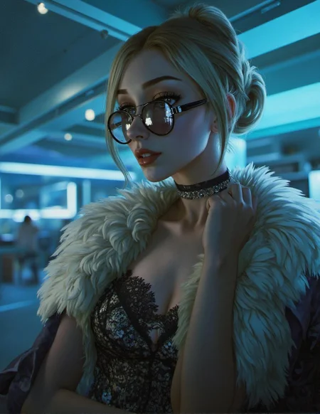 <lora:ck-LttleGhost-000011.safetensors:1> in the style of ck-lttlegh0stA stunning blonde woman wears metallic aviators and a lavish fur coat over a lace dress in an abstract blue-lined setting, bathed in romantic lighting. Her high bun and confident posture exude poise and sophistication.