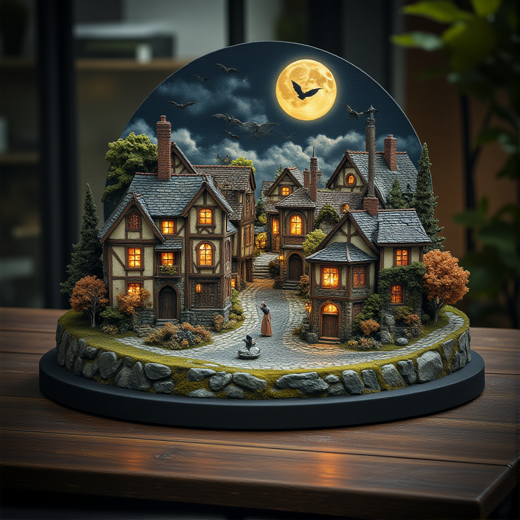 This is a miniature diorama that recreates a town lined with old buildings reminiscent of Medieval Europe, and a world where young, beautiful witches fly through the sky on broomsticks. It is placed next to a grimoire. Each roof and wall is carefully weathered, and professional lighting gives it an indistinguishable finish from the real thing.
<lora:Flux.1_Turbo_Detailer:0.7>, <lora:Diorama_Flux:0.9>