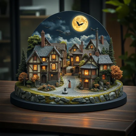 This is a miniature diorama that recreates a town lined with old buildings reminiscent of Medieval Europe, and a world where young, beautiful witches fly through the sky on broomsticks. It is placed next to a grimoire. Each roof and wall is carefully weathered, and professional lighting gives it an indistinguishable finish from the real thing.
<lora:Flux.1_Turbo_Detailer:0.7>, <lora:Diorama_Flux:0.9>