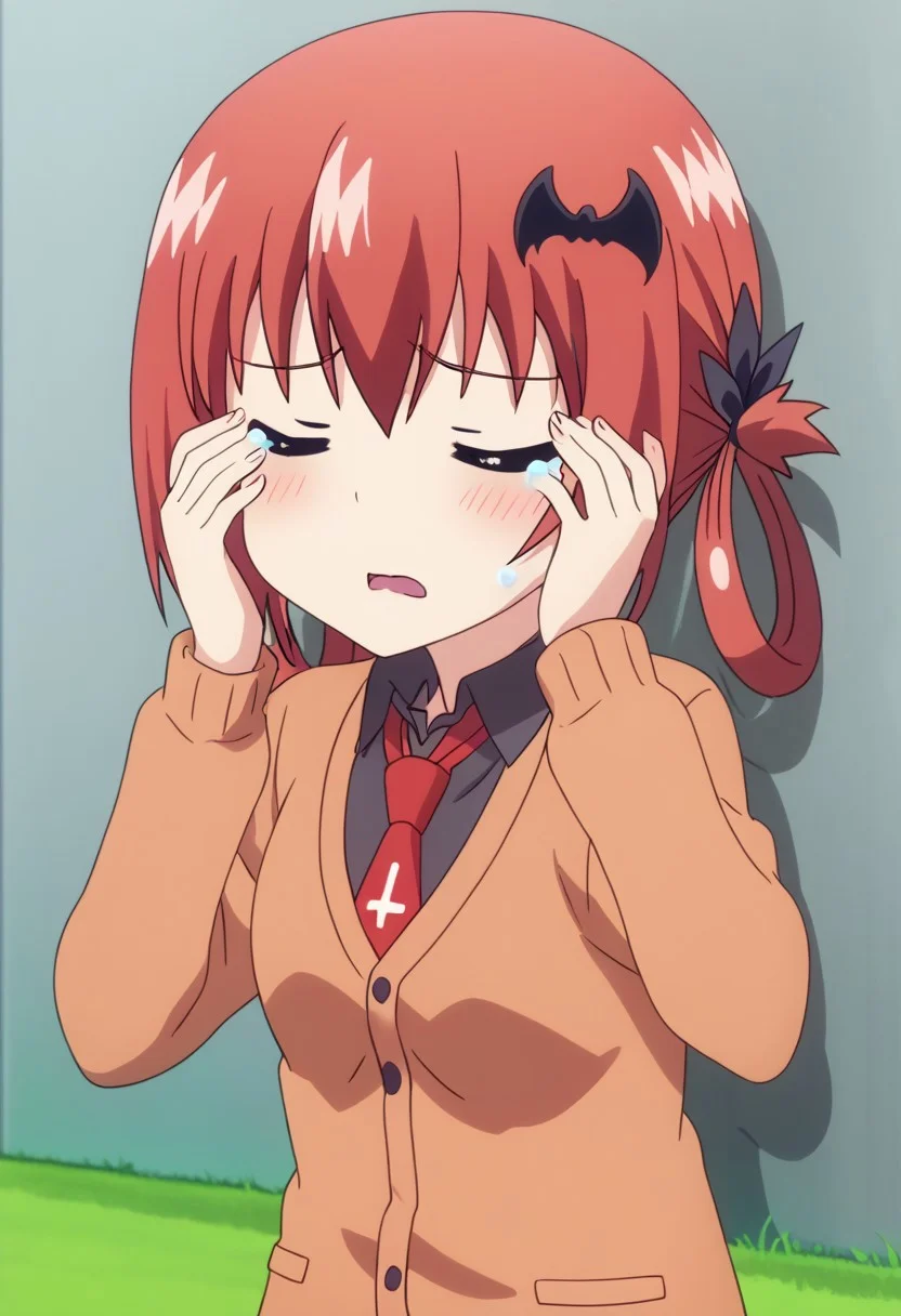 anime screencap, cowboy shot, upper body,
sad, crying, tears, hands rubbing eyes,
satanichia kurumizawa mcdowell,1girl,solo,long hair, bat hair ornament,hair ornament,necktie, hair rings, cardigan, school uniform, closed eyes, frown,
blush, open mouth, arms raised, hands on face, cat paw, scream
BREAK
outdoors,school building,grass,three,school yard,
leaning against a wall