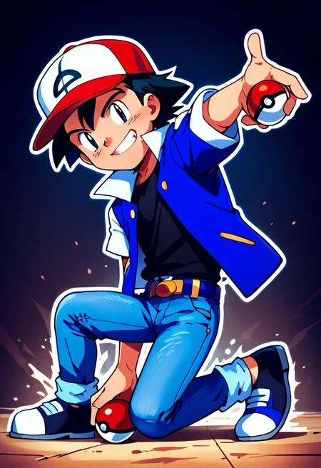 score_9, score_7_up,
solo, 1boy, ash3, black hair, black eyes,
baseball cap, blue jacket, white sleeves, short sleeves, black shirt, jeans, belt,
sonic adventure pose, looking at viewer, grin, teeth, pokeball, holding pokeball, full body,
white outline,
Expressiveh, (vum:0.6),