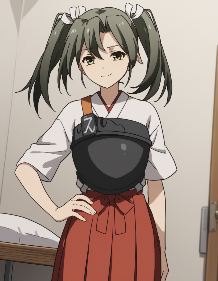 score_9, score_8_up, score_7_up, source_anime, <lora:kacolle-zuikaku-s1-ponyxl-lora-nochekaiser:1>, zuikaku, long hair, ribbon, twintails, green eyes, hair ribbon, zuikaku (kancolle), skirt, japanese clothes, muneate, red skirt, pleated skirt,, hospital room, bedside, get well flowers, comforting, quiet, smile, looking at viewer, smug, hand on hips,, solo,, cowboy shot, dutch angle