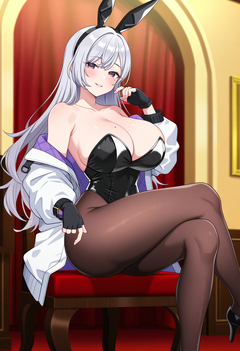 masterpiece, best quality, 1girl, huge breasts, indoors, jacket, leotard, fingerless gloves, gloves, white jacket, long sleeves, hand up, mole under eye, depth of field, pantyhose, sitting, purple eyes, animal ears, fake animal ears, smile, brown pantyhose, blush, grey hair, highleg leotard, black footwear, rabbit ears, hairband, mole on breast, collarbone, strapless, strapless leotard, highleg, high heels, parted lips, black gloves, playboy bunny, looking at viewer, off shoulder, cleavage, bare shoulders, long hair, crossed legs