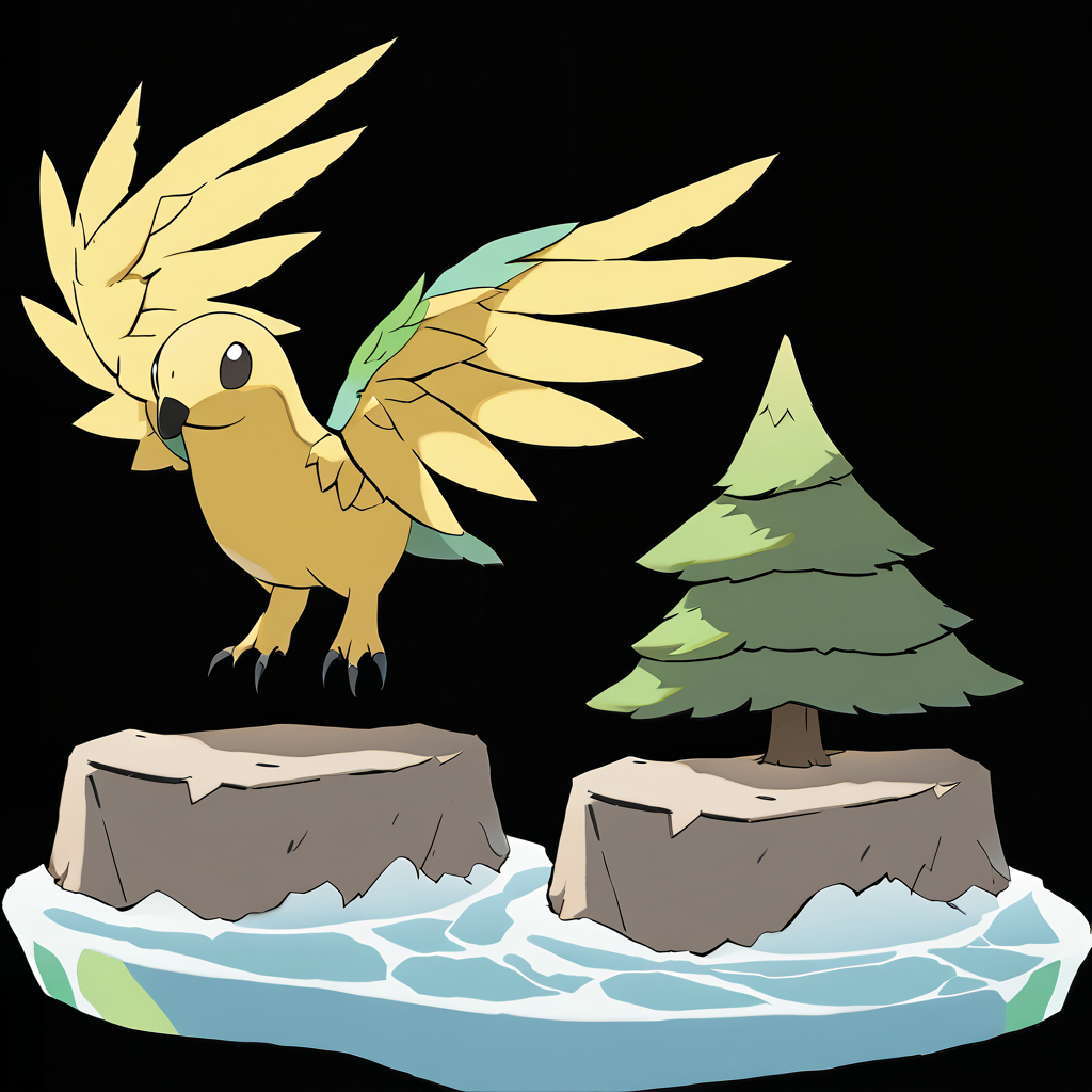 <lora:pokemon_pony_xl:1>, watercolor creature art like pokemon, Type: Water, Type: Rock, Egg Group: Fairy, is a pokemon creature that It rests beneath the ancient trees, a guardian of the forest and all the Harp seal pup that dwell within its shelter,The animal has a double set of gills, enabling it to thrive in both salt and fresh water environments,Ears that twitch at the slightest Copper vibration, attuned to the symphony of life that plays unseen all around,Its kneecaps are adorned with Yellow gems that are believed to store mystical powers,It harbors symbiotic Harpy eagle within its fur, providing it with defense against parasites score_9, score_8_up, score_7_up, score_6_up, score_5_up, score_4_up.  Simple black background, (Masterpiece:1.3) (best quality:1.2) (high quality:1.1)