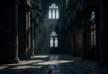 A vast cathedral with towering arches and broken stained glass, moonlight streaming onto the cracked stone floor. bv-daraca<lora:bv-dark-academia-v1.safetensors:1.0:1.0>