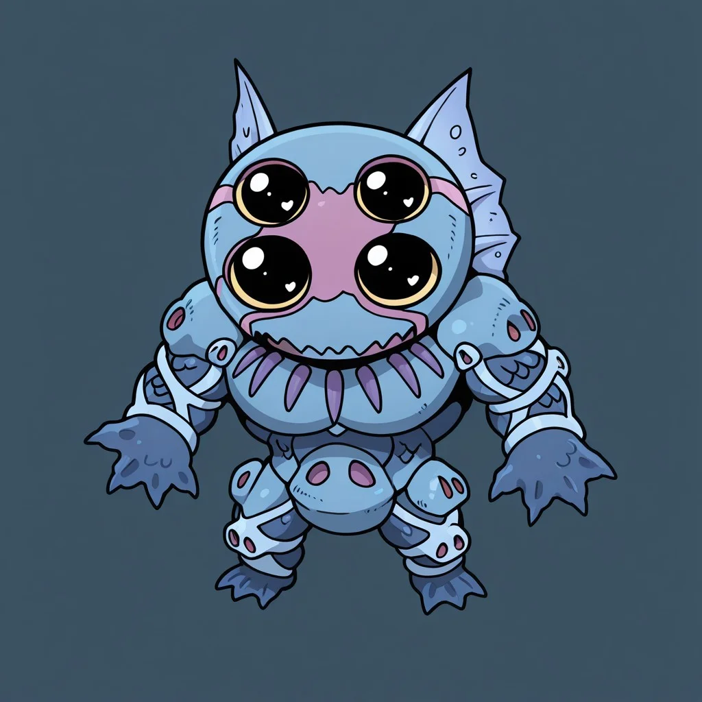masterpiece, best quality, high resolution, ultra-detailed, detailed face, amazing quality BREAK DarkBluJOJO, Flat Head, Four Eyes, Magenta Face Marking, jojo (stand), fish boy, monster, muscular, fish scales, light blue skin, dark blue skin, webbed hands, webbed feet, claws, dorsal fin, humanoid, sharp teeth mikus-concept, full body, big eyes, chibi, beach background