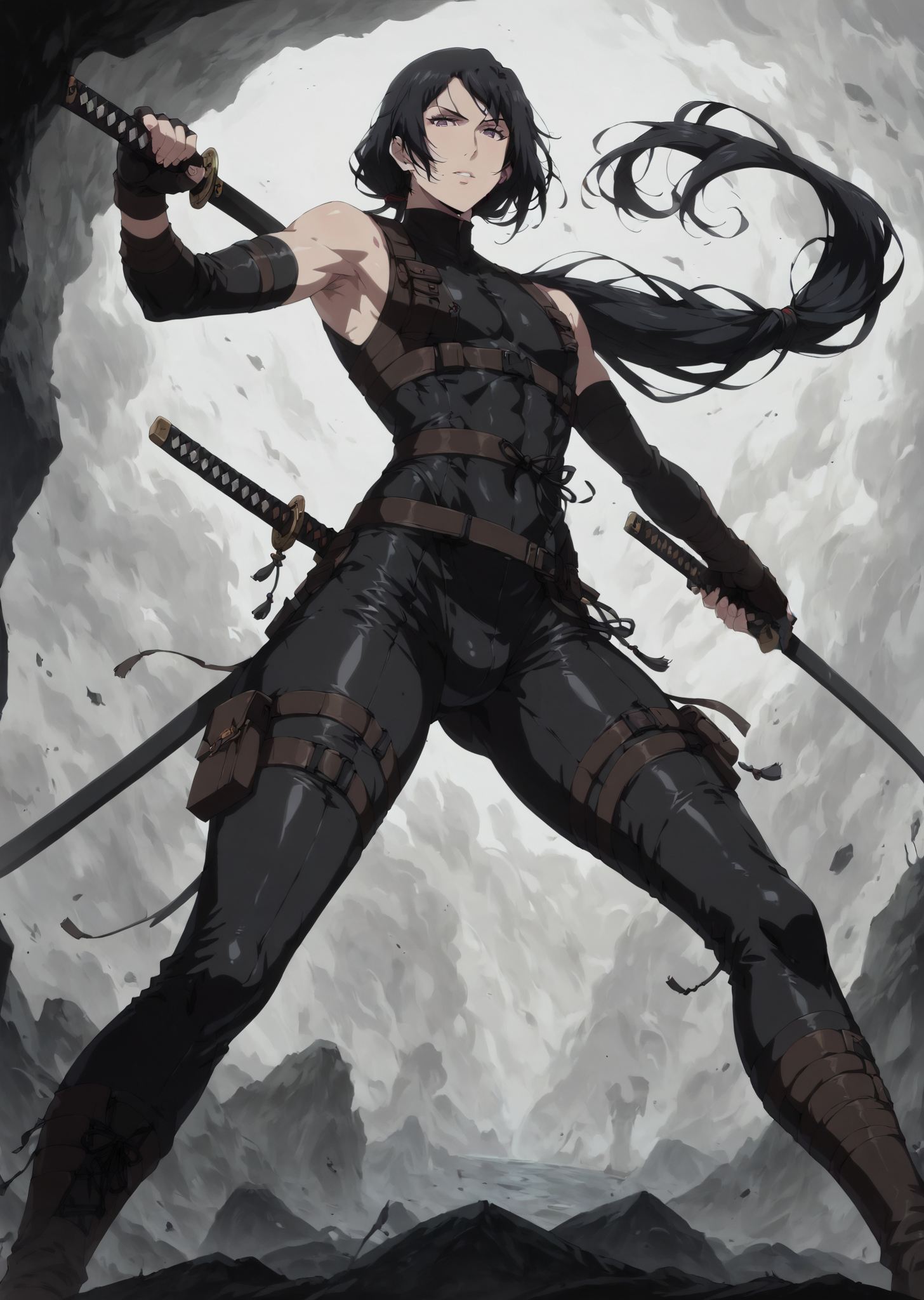 score_9, score_8_up, score_7_up, <lora:RUKANII:1.0>, rukako, 1femboy, long hair, black hair, low ponytail, purple eyes, (latex ninja:1.2), full body, (mature male, slim male), low angle, katana,
BREAK
<lora:Concept Art Twilight Style SDXL_LoRA_Pony Diffusion V6 XL:1.0>, <lora:sinfully_stylish_SDKL:0.9>, <lora:1dkXLP:0.2>, read description.1dk, masterpiece, 8k,