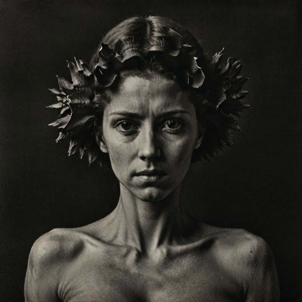 ASCIIWoman portrait, on a dark background, photography in the style of karl blossfeldt, black and white, K4RL