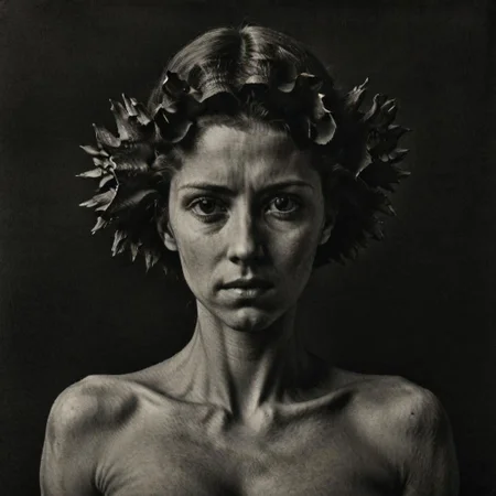 ASCIIWoman portrait, on a dark background, photography in the style of karl blossfeldt, black and white, K4RL