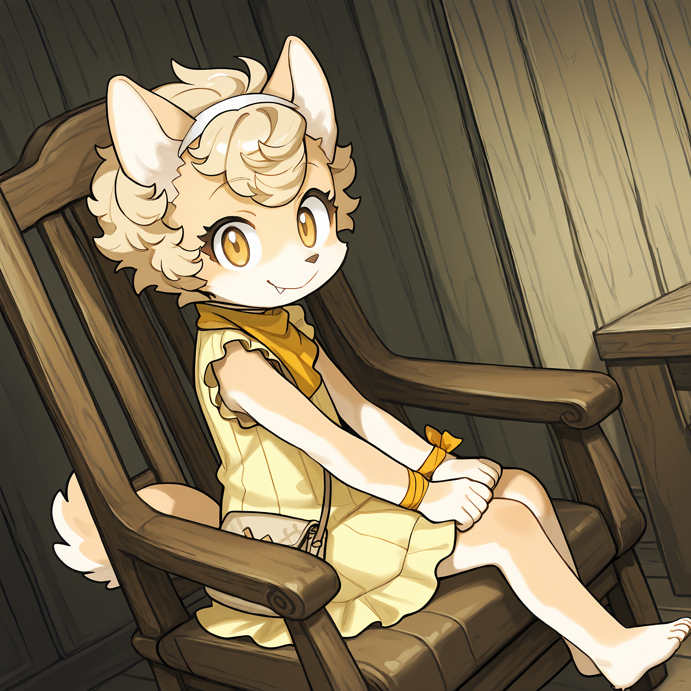 BREAK, <lora:Chick_Montblanc_Illustrious_V1:1>, Chick Montblanc, Fuga: Melodies of Steel, kemono, furry female, 1girl, dog girl, beige fur, white fur, multicolored fur, yellow eyes, blonde hair, short hair, animal ears, dog ears, dog tail,
BREAK, Fuga 1 Outfit, barefoot, yellow dress, sleeveless, handbag, yellow neckerchief, wrist ribbon, hairband,
BREAK, solo, inside, sitting sideways on chair, fancy chair, smile, fang, looking at viewer,