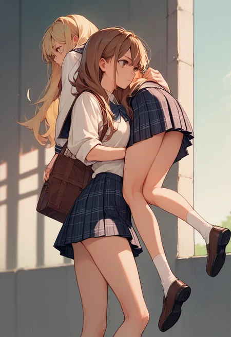 score_9, score_8_up, score_7_up, score_6_up, source_anime, carrying, 2girls, blonde hair, long hair, school uniform,
brown hair, pleated skirt, plaid skirt,
<lora:carrying_over_shoulder_v0.4-pony:1>
