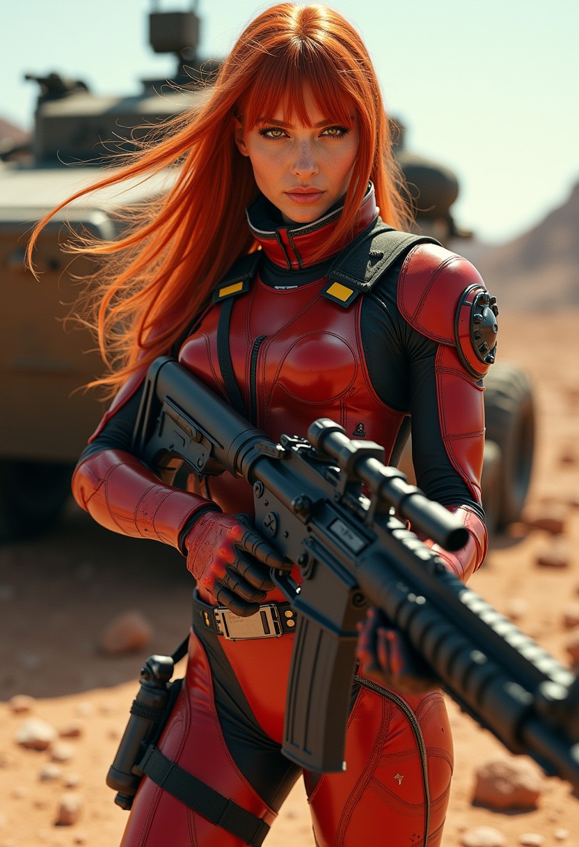 great lighting, intricate detail, beautiful, stunning Soviet woman space marine, long ginger hair with colored streaks, bangs, skin-tight crimson body armor with dark yellow accents, holding assault rifle, aiming at viewer, standing next to armored vehicle on a rocky, dusty planet surface,  High Detail, Perfect Composition, movie scenes, highly detailed. Photorealistic rendering, dramatic lighting, sharp contrast