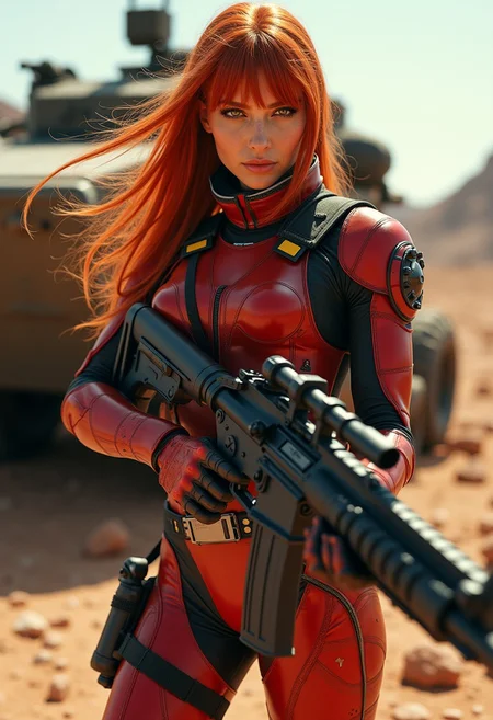 great lighting, intricate detail, beautiful, stunning Soviet woman space marine, long ginger hair with colored streaks, bangs, skin-tight crimson body armor with dark yellow accents, holding assault rifle, aiming at viewer, standing next to armored vehicle on a rocky, dusty planet surface, High Detail, Perfect Composition, movie scenes, highly detailed. Photorealistic rendering, dramatic lighting, sharp contrast