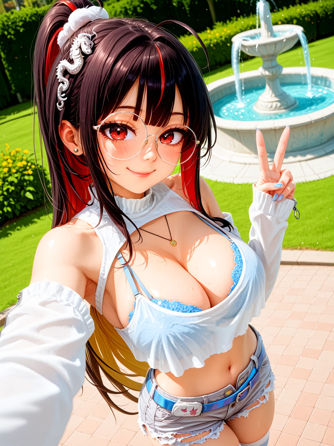 1girl, solo, moranoffdutyqueen, red eyes, bare shoulders, large breasts, cleavage, midriff, navel, blue nails, nail polish, <lora:Moran_Off-Duty_Queen_IL:1>, BREAK,
black hair, red hair, brown hair, multicolored hair, streaked hair, colored inner hair, very long hair, high ponytail, hair scrunchie, ahoge, hair intakes, blunt bangs, double-parted bangs, long sidelocks, BREAK,
dragon hair ornament, round eyewear, stud earrings, crop top, white camisole, halterneck, cleavage cutout, necklace, lingerie, bra peek, blue bra, BREAK,
shoulder cutout, detached sleeves, white sleeves, sleeves past wrists, sleeve zipper, zipper pull tab, BREAK,
torn shorts, grey shorts, short shorts, denim shorts, open fly, belt, dinosaur footprints, white thighhighs, BREAK,
smile, blush, looking at viewer, BREAK
selfie, v, reaching towards viewer, hand out of frame, from above, dutch angle, BREAK,
outdoors, garden, fountain