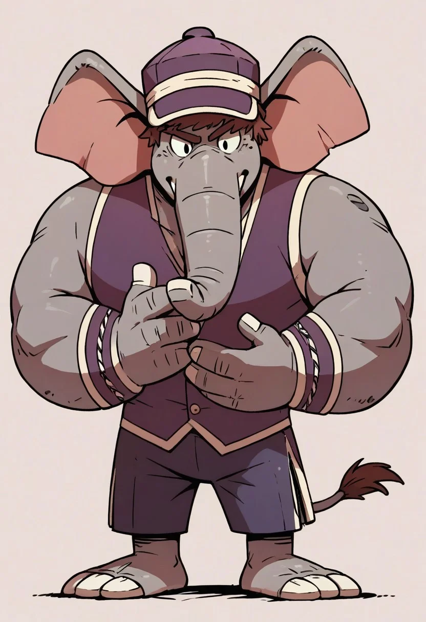 (score_9 | score_8_up | score_7_up)
((masterpiece:1))(best quality,very high quality,ultra detailed:1.2)
(2D,cartoon style,anime style)(Smooth:2)(clean blurring)
(four fingers on each hand,one thumb on each hand:1), Abu elephant, solo, brown hair, grey skin, black eyes, trunk, trunk nose, elephant trunk, elephant ears, monkey tail, purple vest, red and purple hat, alien, muscular, +++three eyes, extra eye, grey skin color, full body